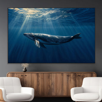 18052-MGV-CV-36X24-Whale Wall Art – Majestic Ocean Canvas Print Marine Life Underwater Sunlight Scene, Nautical Coastal Decor for Living Room,