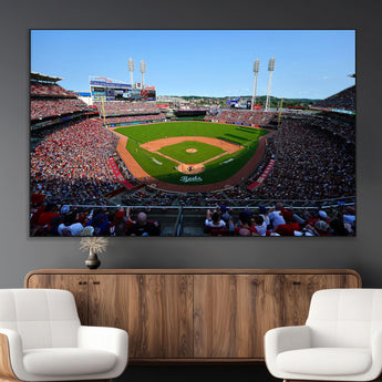 90998-MGV-CV-36X24-Baseball Stadium Wall Art – Canvas Print Day Game Field Packed Crowd Bright Blue Sky Sports Photography, Classic Decor for Game
