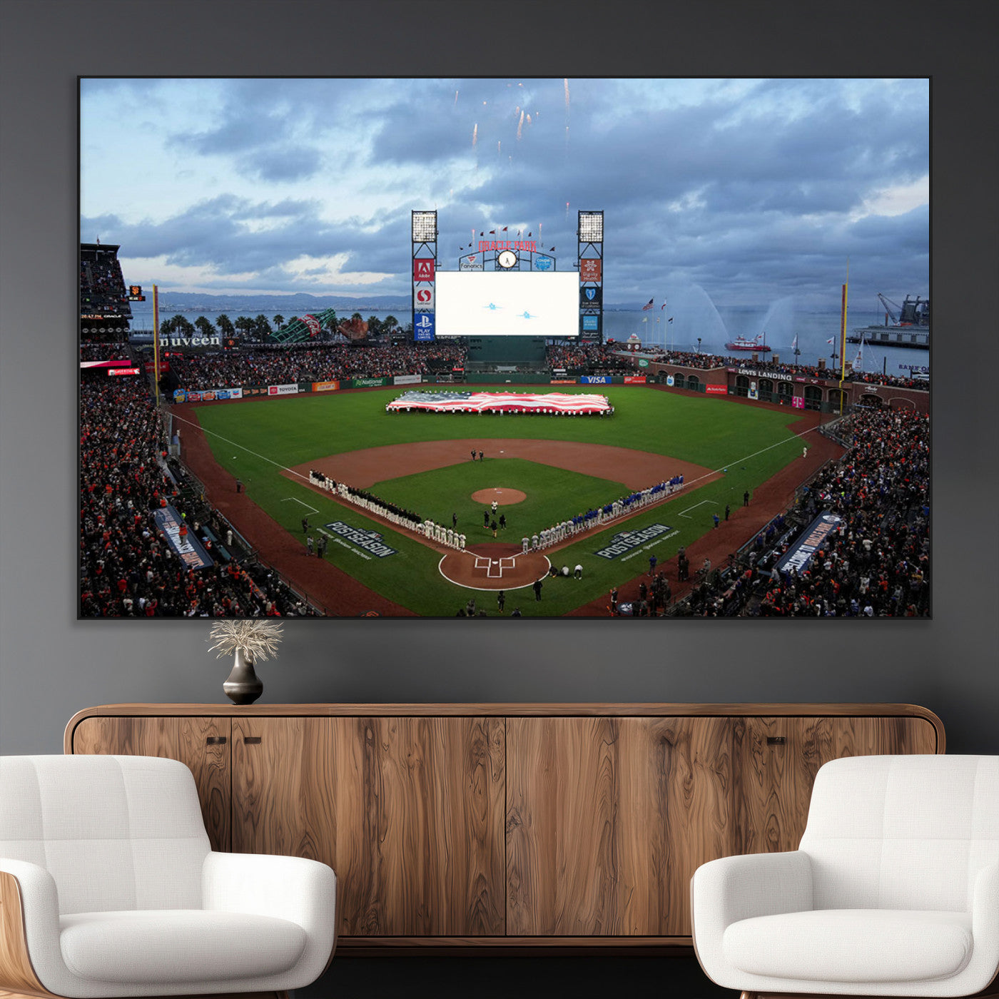 44631-MGV-CV-36X24-Oracle Park Stadium Wall Art Canvas Print, Framed San Francisco Giants Art Picture Print, Giants Stadium Field Perfect Sports Room