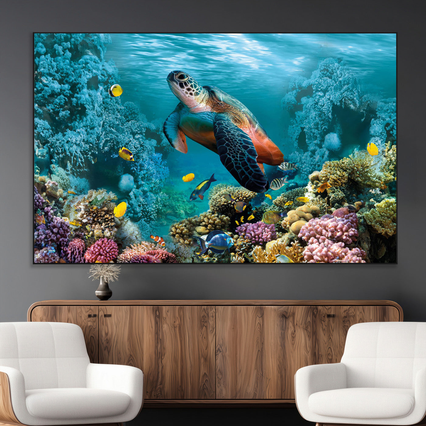 38661-MGV-CV-36X24-Sea Turtle Wall Art Canvas Print, Framed Ocean Wildlife Art Picture Print, Turtle Perfect Coastal Nature Decor Artwork