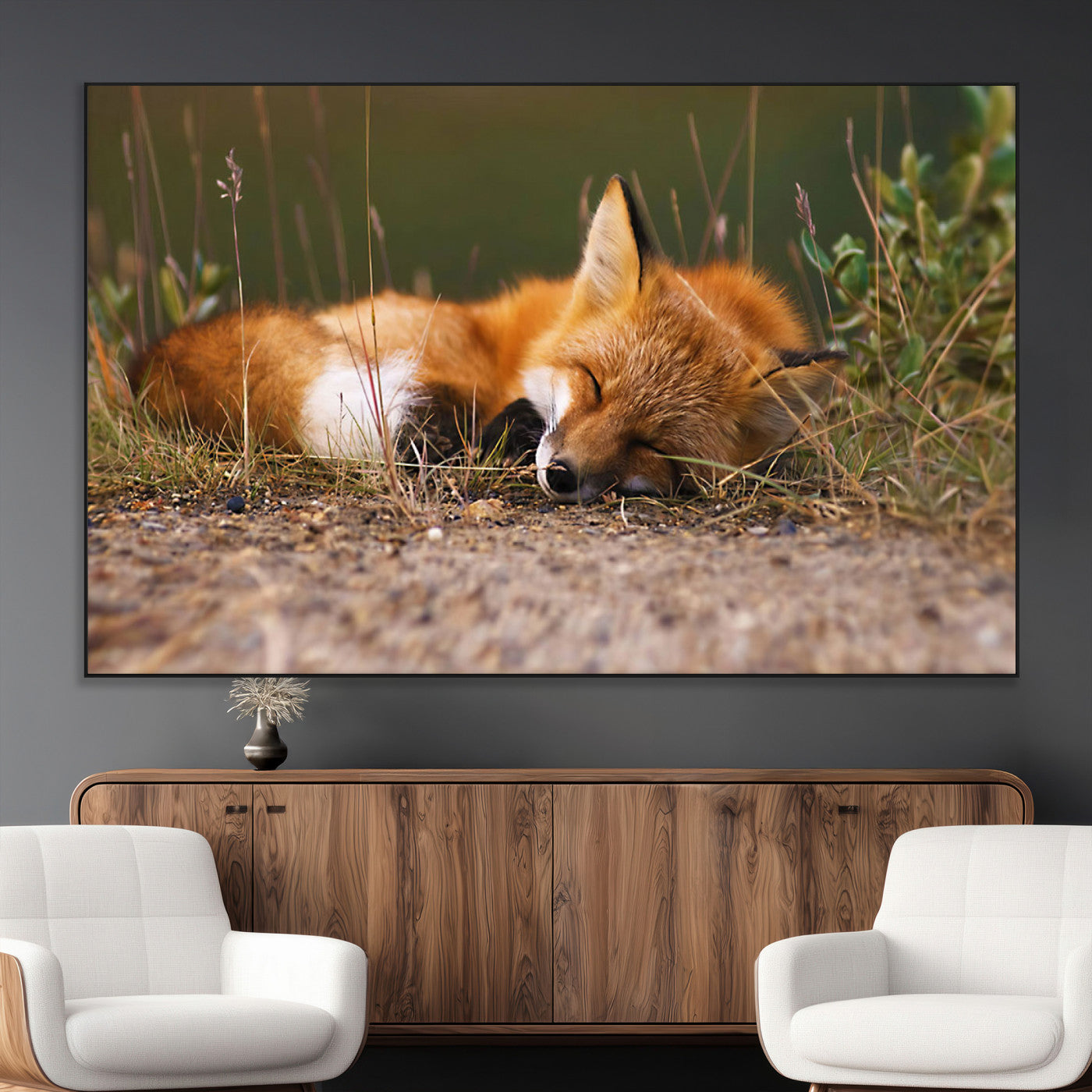 25085-MGV-CV-36X24-Sleeping Fox Wall Art Canvas Print, Framed Rustic Fox Art Picture Print, Wildlife Animal Perfect Rustic Farmhouse Decor Artwork
