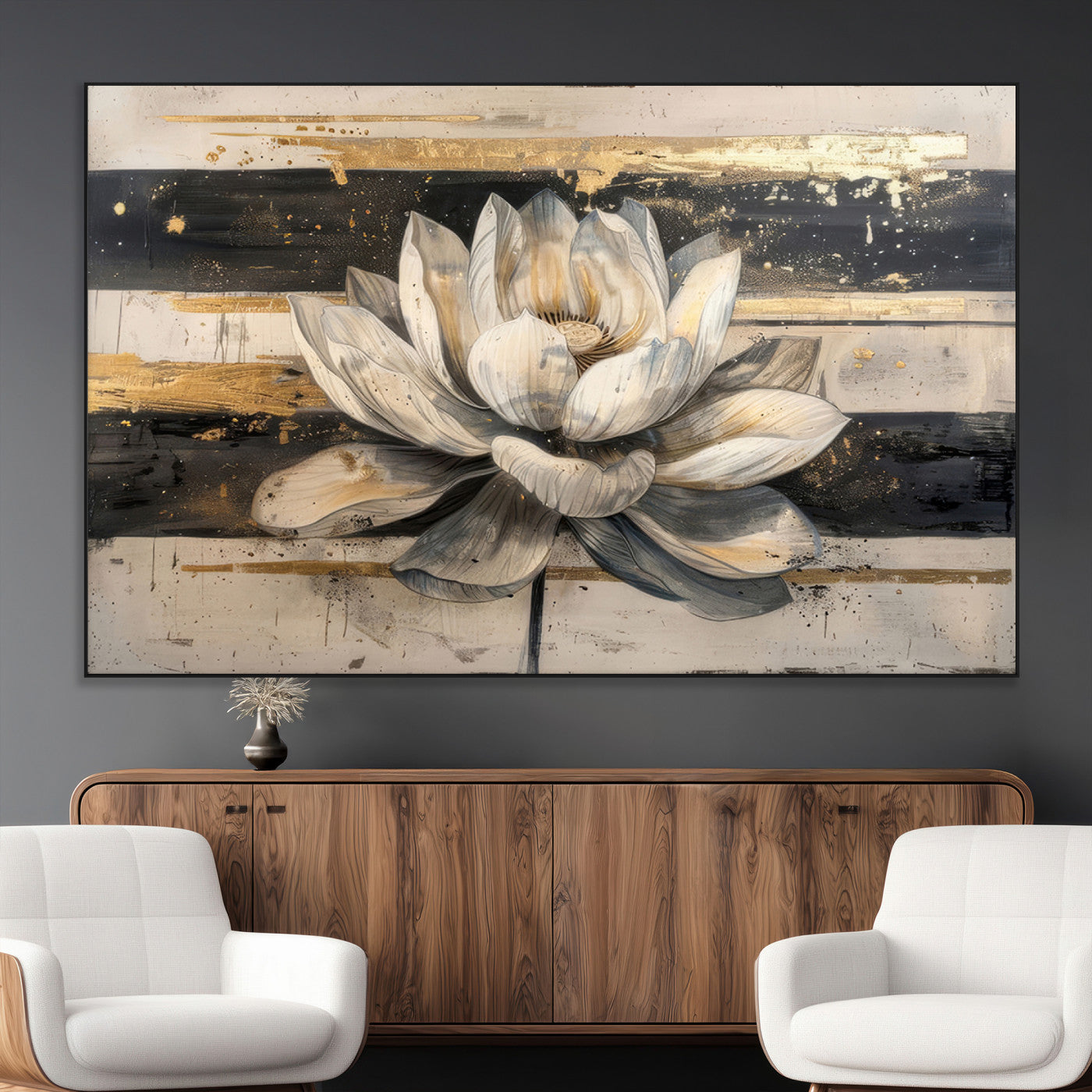 18807-MGV-CV-36X24-Lotus Flower Wall Art Canvas Print, Framed Abstract Lotus Art Picture Print, White Lotus Flower Perfect Abstract Floral Decor