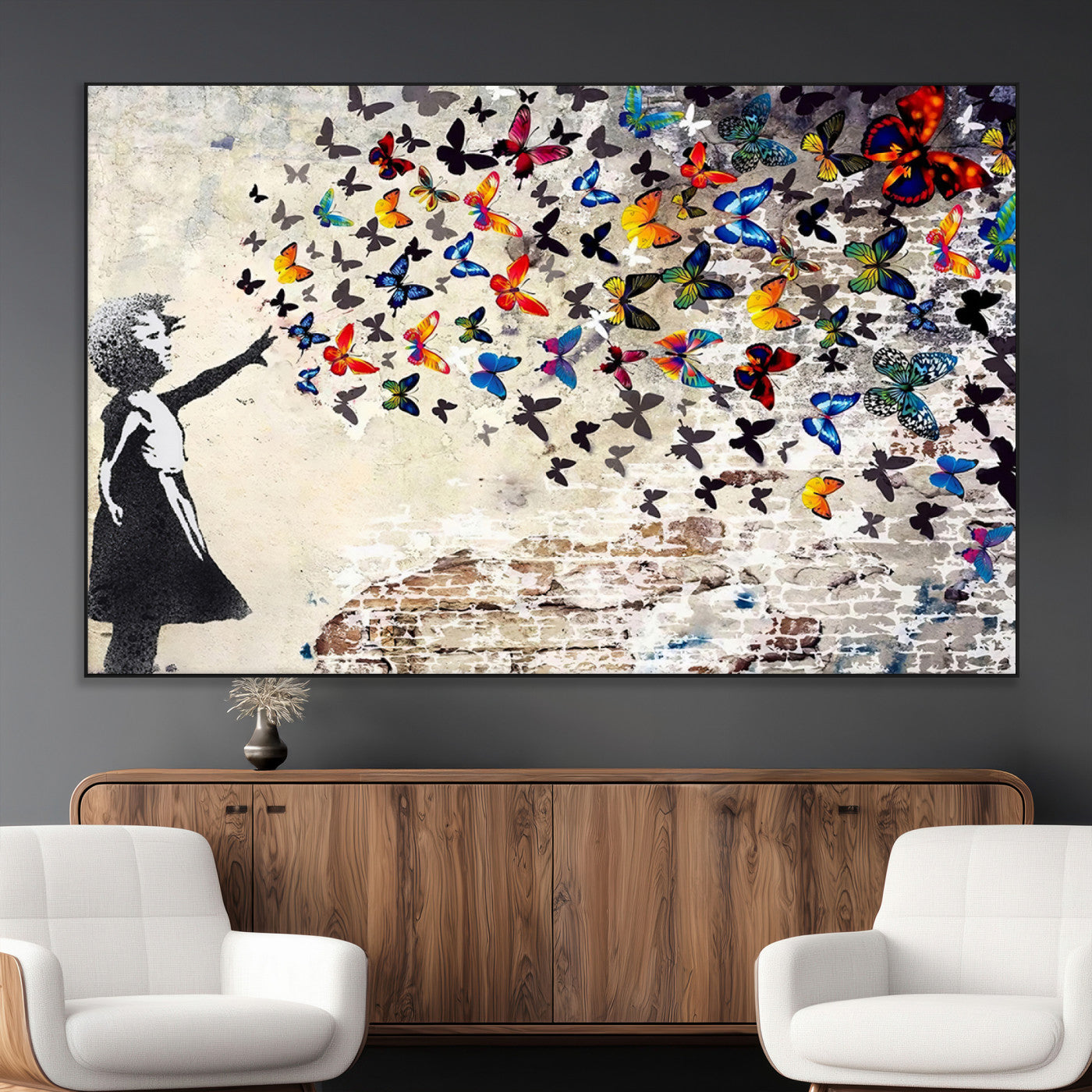 97895-MGV-CV-36X24-Girl with Butterflies Wall Art – Colorful Street Art Style Canvas Print, Modern Graffiti-Inspired Butterfly Artwork for Living