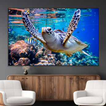 12683-MGV-CV-36X24-Sea Turtle Wall Art – Graceful Ocean Canvas Print with Coral Reef and Tropical Fish, Coastal Marine Life Decor for Beach House,
