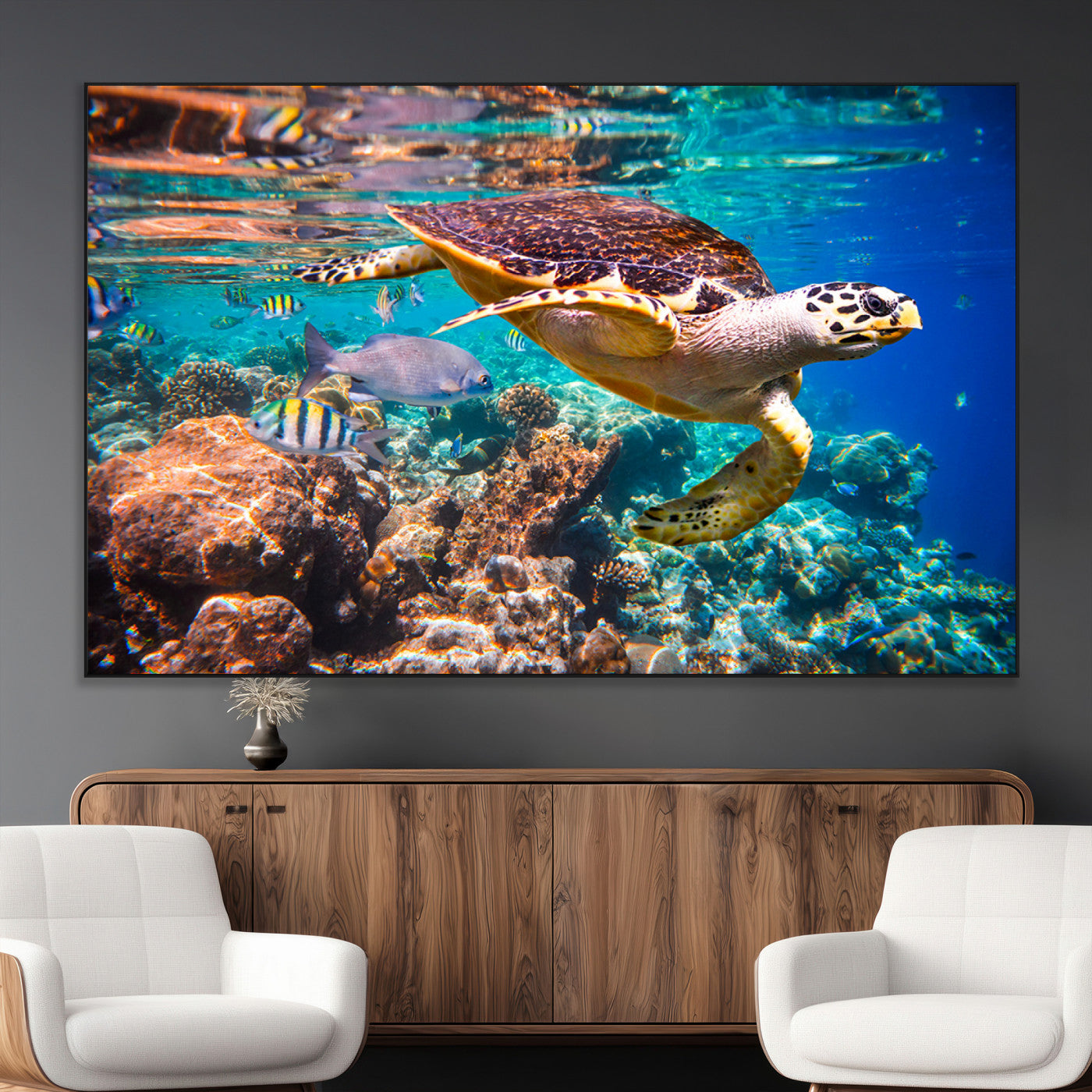66614-MGV-CV-36X24-Sea Turtle Wall Art – Hawksbill Turtle Swimming Over Coral Reef Canvas Print, Ocean Marine Life Decor for Beach House, Coastal