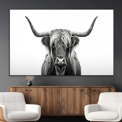49556-MGV-CV-36X24-Highland Cow Wall Art – Black and White Scottish Highland Cattle Print, Rustic Farmhouse Minimalist Animal Portrait Canvas for