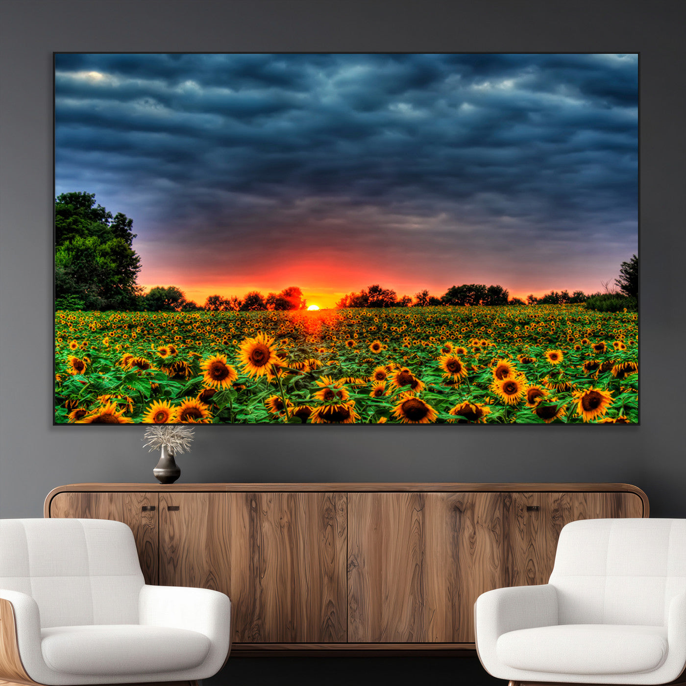 45045-MGV-CV-36X24-Sunflower Field Sunset Wall Art – Dramatic Stormy Sky Landscape Print, Vibrant Yellow Floral Nature Canvas for Living Room,
