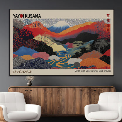 49228-MGV-FC-93X47-3P_Black-Kusama Wall Art – Vibrant Japanese Landscape Canvas Print, Modern Abstract Mountain and River Decor for Living Room, Office or Art