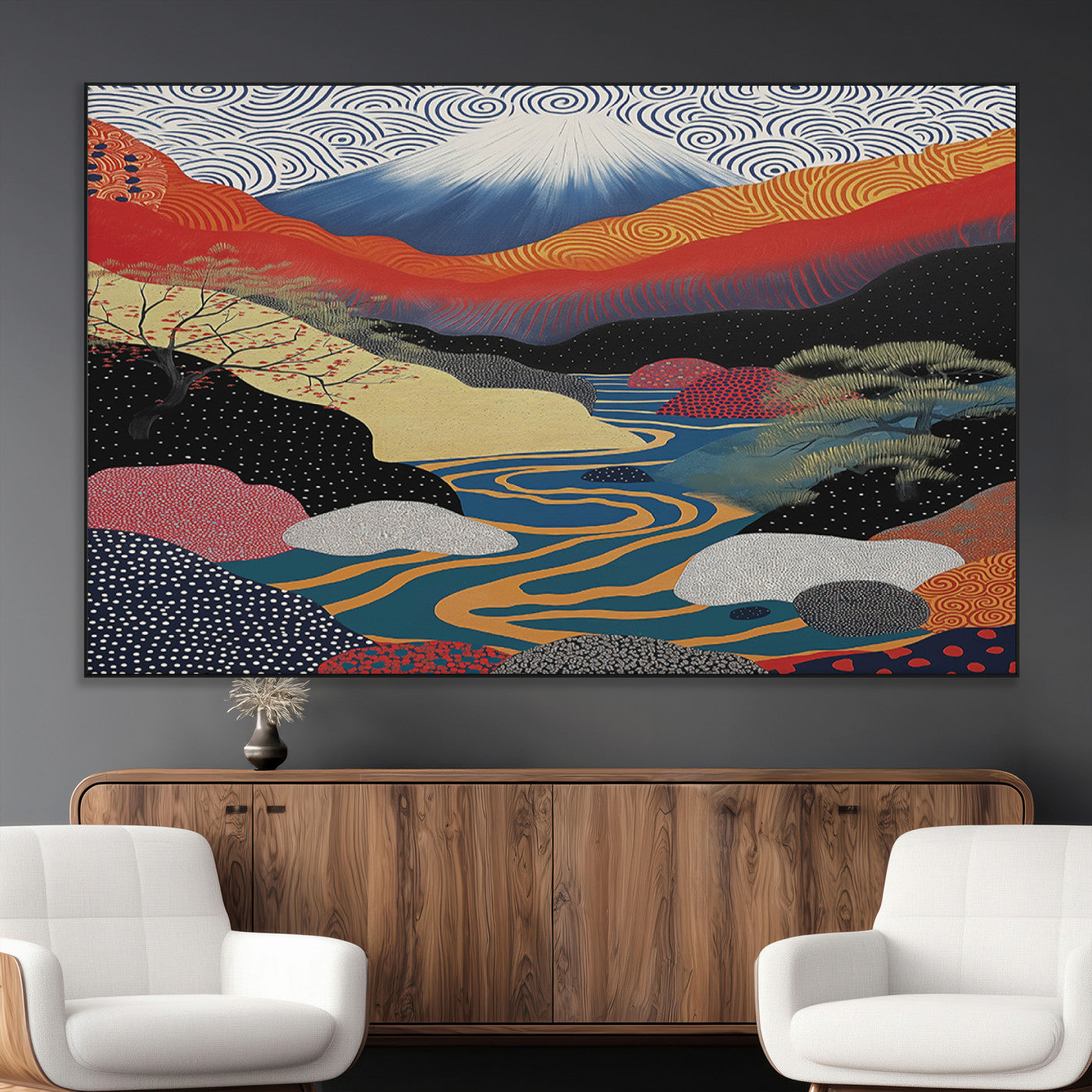 32131-MGV-CV-36X24-Japanese Mount Fuji Wall Art – Abstract Landscape Canvas Print with Swirling Sky & River, Modern Minimalist Asian Inspired Poster