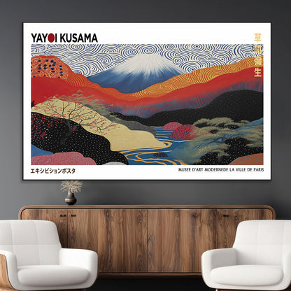 14839-MGV-CV-36X24-Yayoi Kusama Wall Art – Panoramic Mountain & River Canvas Print, Modern Abstract Japanese Landscape Decor for Living Room or