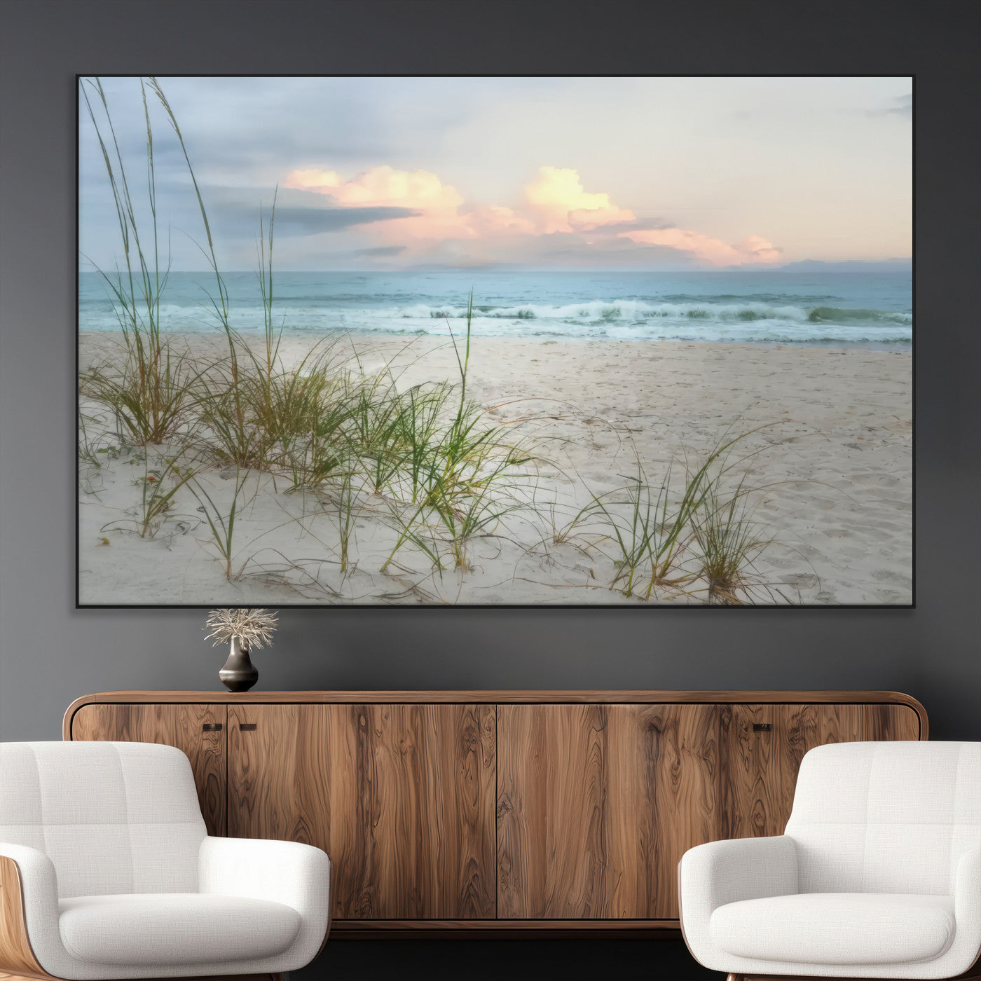 Test1001-MGV-CV-36X24-Coastal Beach Wall Art – Panoramic Ocean Waves and Sandy Dunes Canvas Print, Serene Seascape with Sea Oats for Relaxing Home or