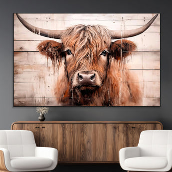 93730-MGV-CV-36X24-Scottish Cow Wall Art Canvas Print, Framed Longhorn Cow Art Picture Print, Highland Cattle Perfect Rustic Farmhouse Decor Artwork