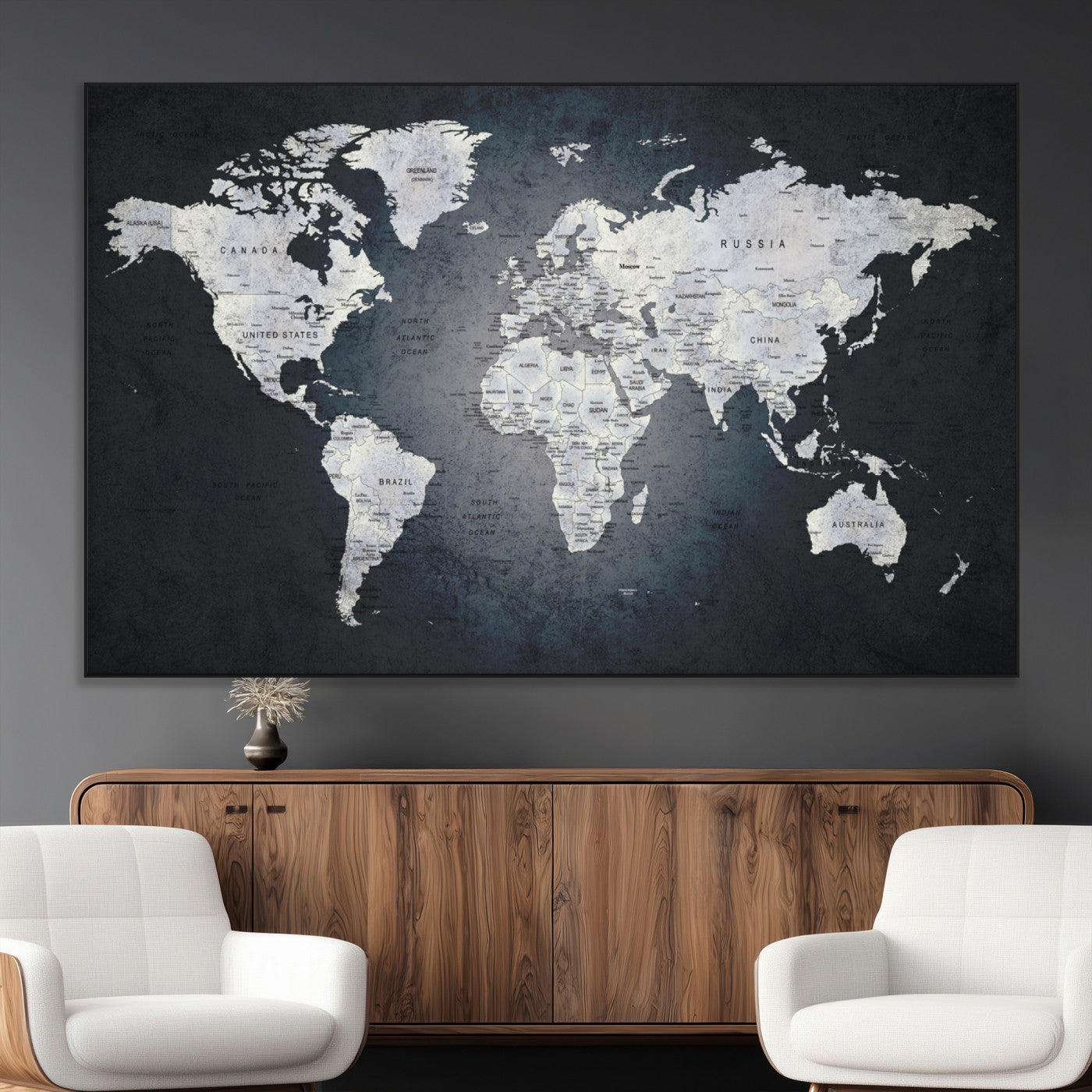 19124-MGV-CV-36X24-Modern World Map Wall Art – Black and White Canvas Print, Minimalist Global Map Decor for Office, Study, Bedroom or Living Room