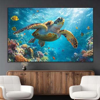 37623-MGV-CV-36X24-Sea Turtle Wall Art – Underwater Ocean Canvas Print with Coral Reef and Tropical Fish, Marine Life Painting Poster for Living