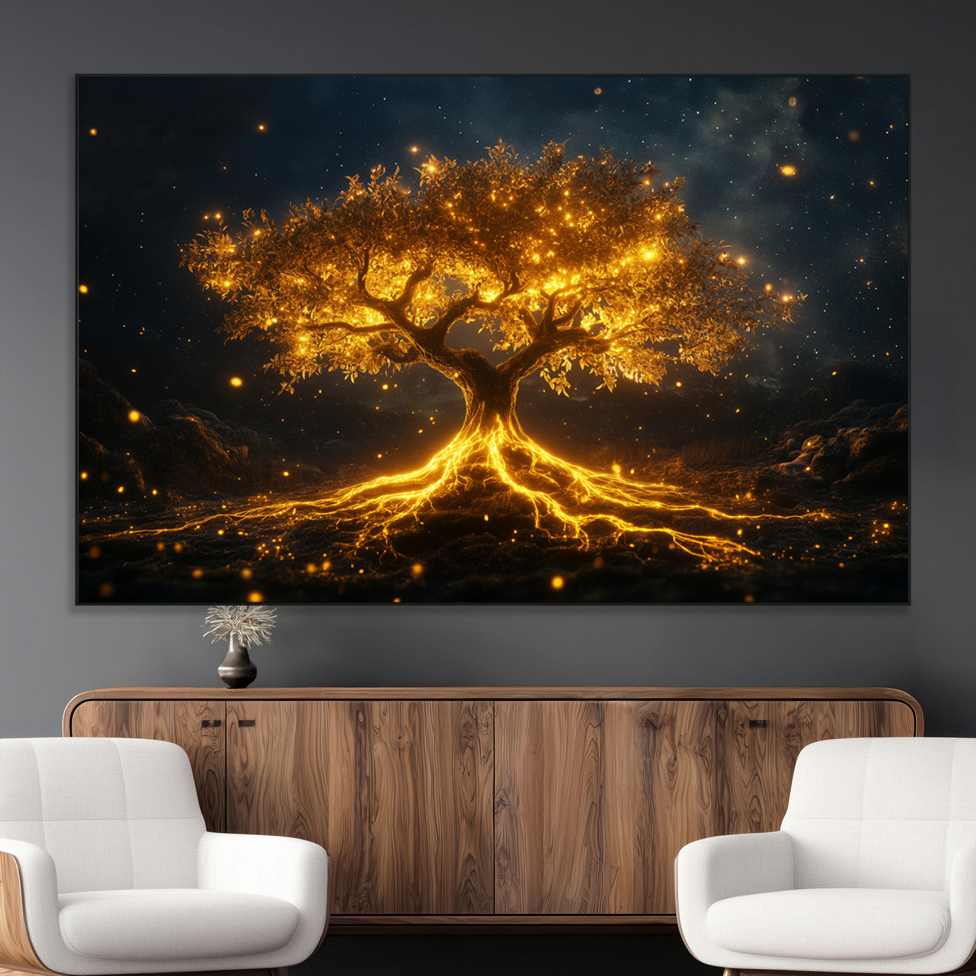 60194-MGV-CV-36X24-Glowing Tree Wall Art – Golden Roots Fantasy Canvas Print, Mystical Illuminated Tree Painting Poster for Living Room, Bedroom,