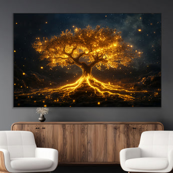 60194-MGV-CV-36X24-Glowing Tree Wall Art – Golden Roots Fantasy Canvas Print, Mystical Illuminated Tree Painting Poster for Living Room, Bedroom,
