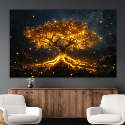 60194-MGV-CV-36X24-Glowing Tree Wall Art – Golden Roots Fantasy Canvas Print, Mystical Illuminated Tree Painting Poster for Living Room, Bedroom,