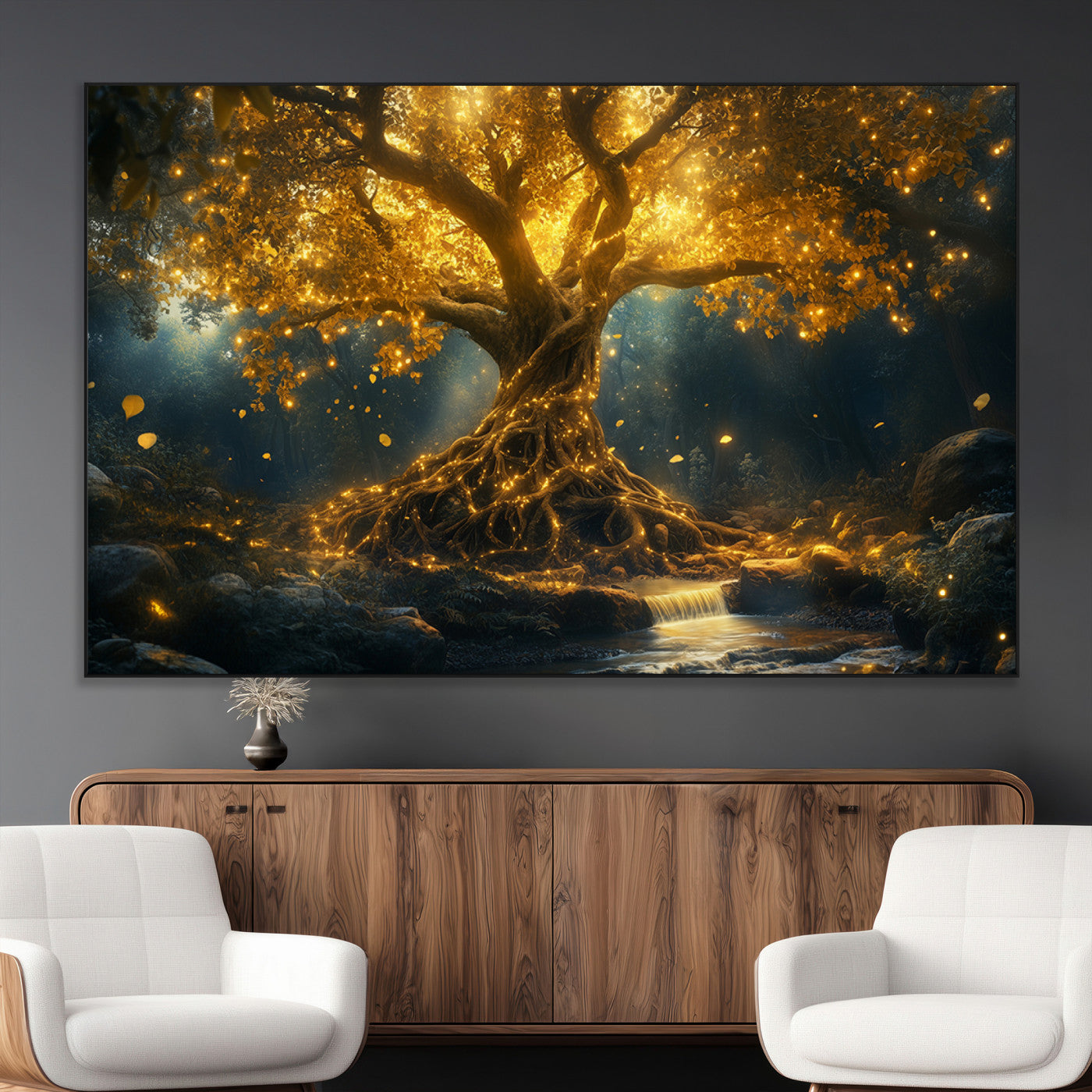 92739-MGV-CV-36X24-Glowing Tree Wall Art – Enchanted Golden Forest Canvas Print, Mystical Illuminated Nature Painting Poster for Living Room,
