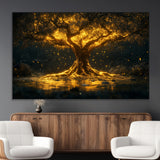 59580-MGV-CV-36X24-Glowing Tree Wall Art – Golden Fantasy Nature Canvas Print, Mystical Illuminated Tree Painting Poster for Living Room, Bedroom,
