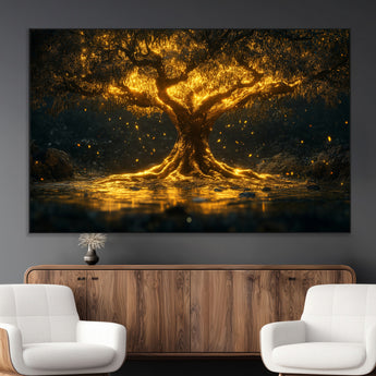 59580-MGV-CV-36X24-Glowing Tree Wall Art – Golden Fantasy Nature Canvas Print, Mystical Illuminated Tree Painting Poster for Living Room, Bedroom,
