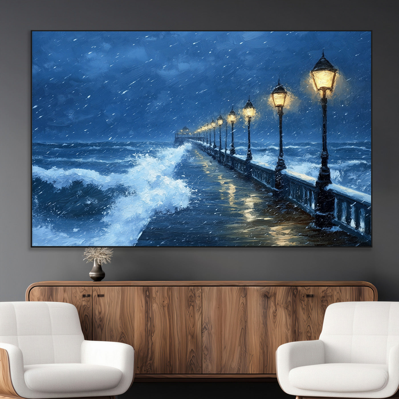 32668-MGV-CV-36X24-Stormy Pier Wall Art – Ocean Waves and Street Lamps Canvas Print, Rainy Night Seascape Oil Painting Poster for Living Room,