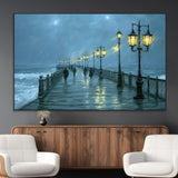 79606-MGV-CV-36X24-Rainy Pier Night Wall Art – Ocean Waves and Street Lamps Canvas Print, Moody Seascape Oil Painting Poster for Living Room,