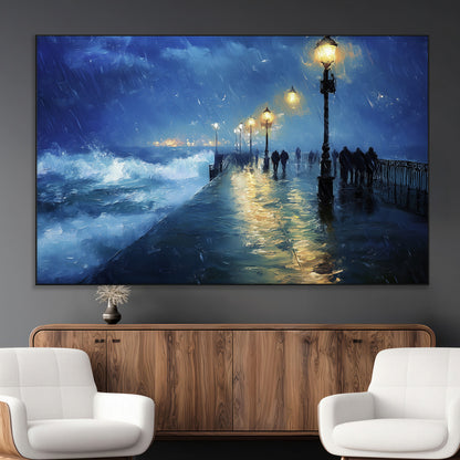 94571-MGV-CV-36X24-Seaside Night Wall Art – Ocean Waves and Street Lamps Canvas Print, Rainy City Pier Oil Painting Poster for Living Room, Bedroom,