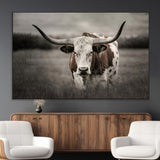 69238-MGV-CV-36X24-Longhorn Bull Wall Art – Rustic Black and White Texas Cattle Canvas Print, Western Farmhouse Animal Photography for Living Room,