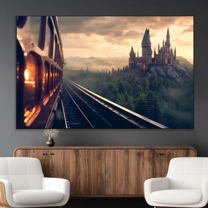 84029-MGV-CV-36X24-Fantasy Castle Wall Art – Magical Train Sunset Forest Canvas Print, Enchanted Landscape Painting Poster for Living Room, Bedroom,