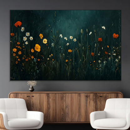 87037-MGV-CV-36X24-Wildflower Wall Art – Dark Botanical Floral Canvas Print, Modern Nature Painting Poster with Daisies Poppies Orange Flowers for