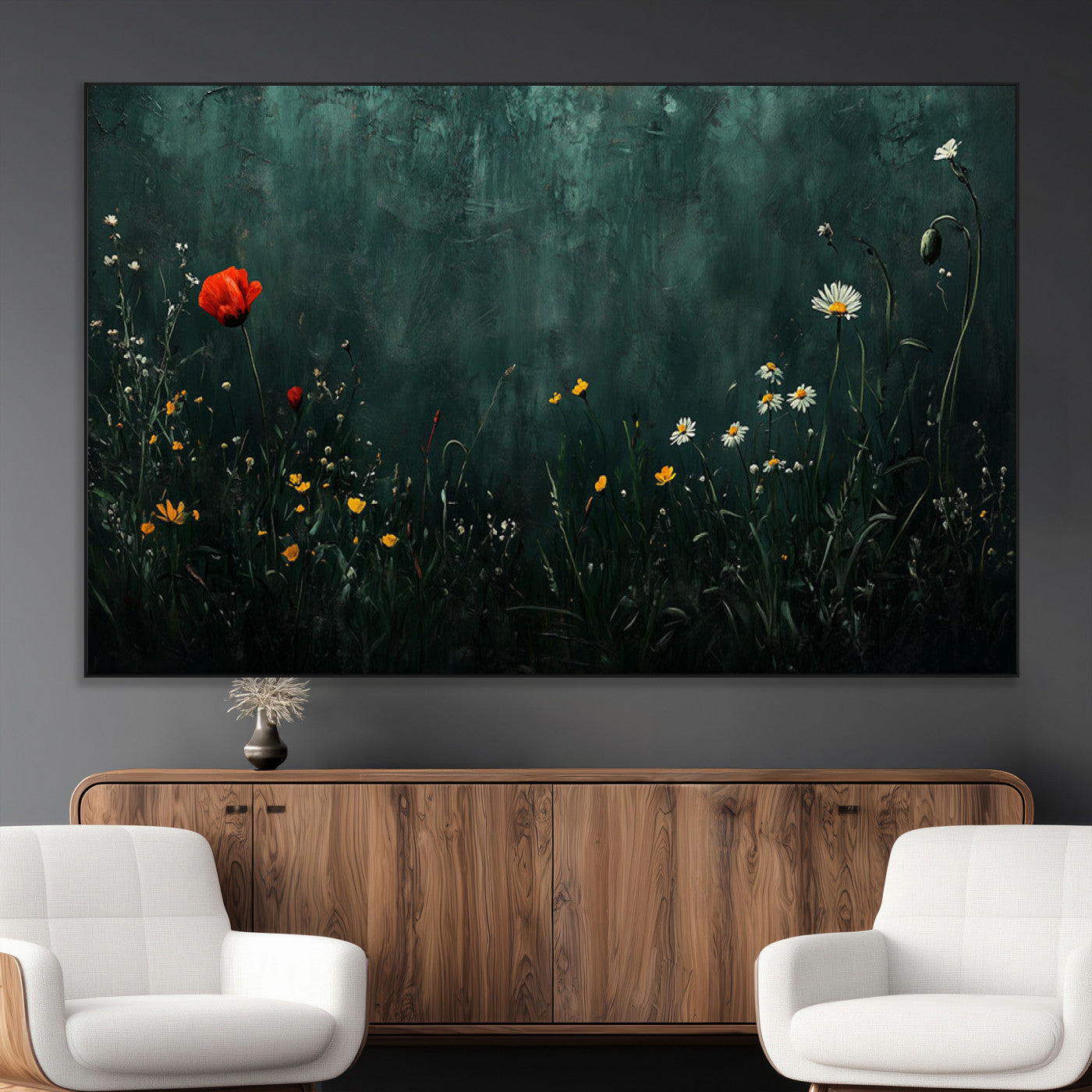 26218-MGV-CV-36X24-Wildflower Wall Art – Dark Botanical Floral Canvas Print, Modern Nature Painting Poster with Daisy Poppy Yellow Flowers for Living