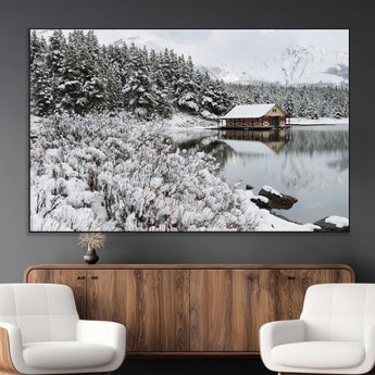 29975-MGV-CV-36X24-Winter Cabin by the Lake Wall Art – Snowy Mountain Landscape Canvas Print, Rustic Lodge Cabin Decor for Cozy Living Room, Bedroom