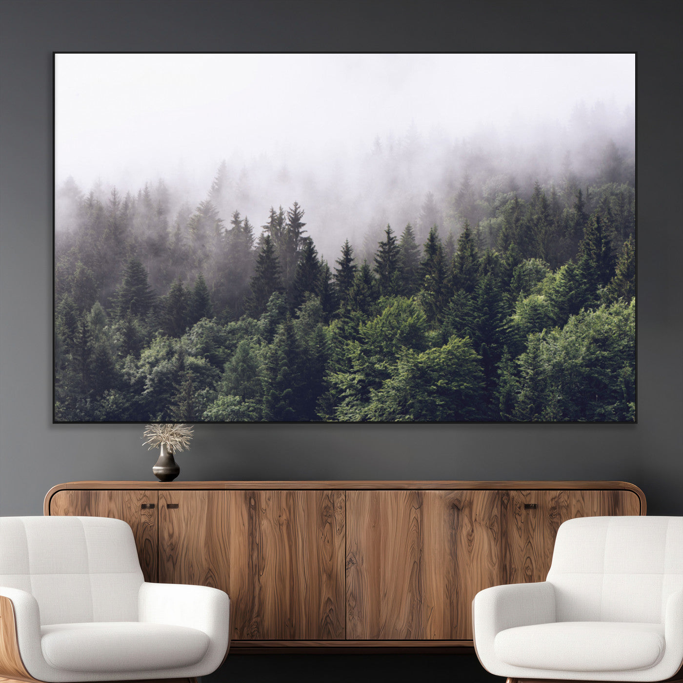 42578900-MGV-CV-36X24-Misty Pine Forest Wall Art – Tranquil Foggy Mountain Canvas Print, Nature Landscape Décor for Bedroom, Living Room, Cabin or