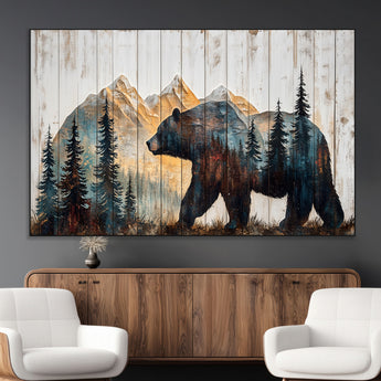 90077-MGV-CV-36X24-Wood Grizzly Bear Wall Art Canvas Print, Framed Abstract Bear Art Picture Print, Bear in Forest Perfect Rustic Lodge Decor Artwork