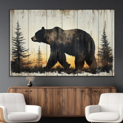 83875-MGV-CV-36X24-Sunset Bear Wall Art – Rustic Wildlife Canvas Print with Forest Silhouette, Cabin Lodge Decor for Living Room or Office