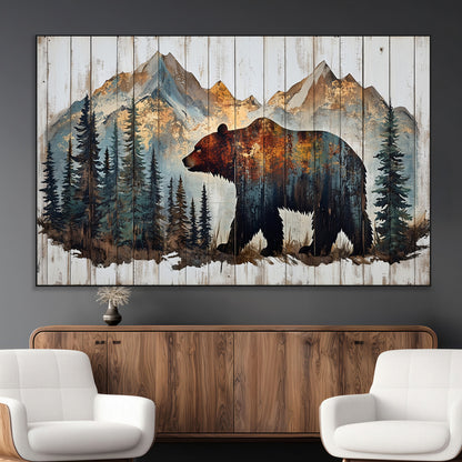 55777-MGV-CV-36X24-Rustic Bear Wall Art Canvas Print, Framed Mountain and Forest Art Picture Print, Wooden Bear Perfect Rustic Lodge Decor Artwork