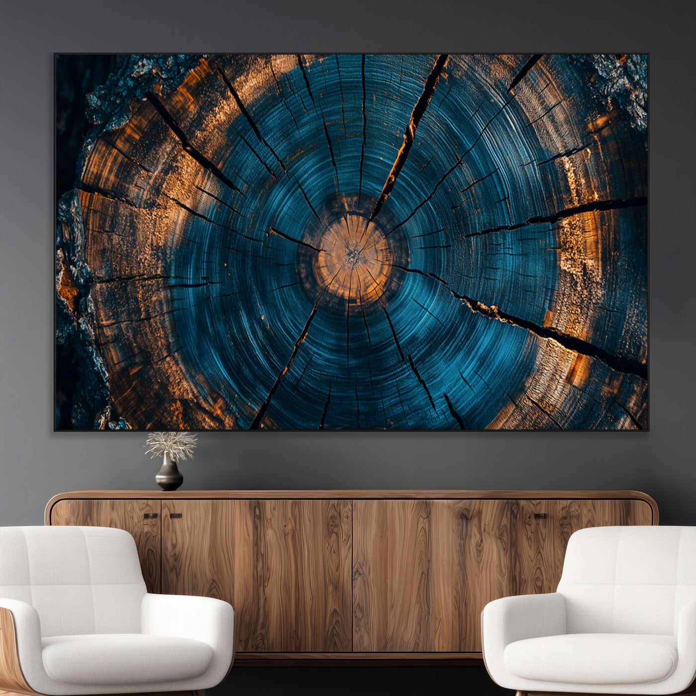 65231-SEG-FC-51X34_Oversize_Oversize-Blue and Gold Tree Ring Wall Art – Rustic Abstract Wood Slice Canvas Print, Modern Nature Inspired Artwork for Living Room,
