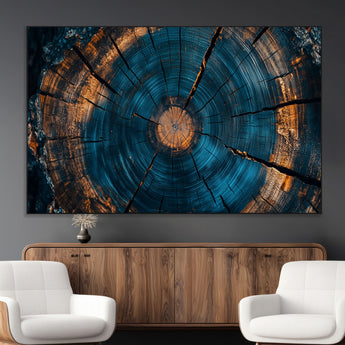 65231-SEG-FC-51X34_Oversize_Oversize-Blue and Gold Tree Ring Wall Art – Rustic Abstract Wood Slice Canvas Print, Modern Nature Inspired Artwork for Living Room,
