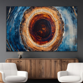 30457-MGV-CV-36X24-Tree Ring Abstract Wall Art – Blue and Brown Wood Grain Canvas Print, Modern Nature Inspired Painting for Rustic Living Room,