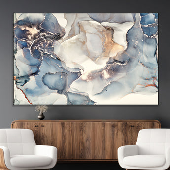 51497-MGV-CV-36X24-Abstract Blue and Gold Wall Art – Modern Fluid Ink Style Canvas Print, Elegant Contemporary Decor for Living Room, Office