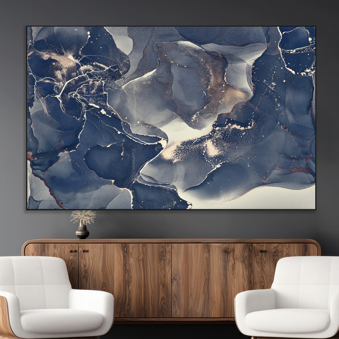 28282-MGV-CV-36X24-Blue Abstract Wall Art – Modern Ink Swirl Canvas Print, Contemporary Navy and Gold Painting for Living Room, Bedroom, Office or