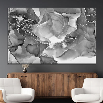 15911-MGV-CV-36X24-Black and White Abstract Wall Art – Modern Ink Swirl Canvas Print, Minimalist Contemporary Painting for Living Room, Bedroom,
