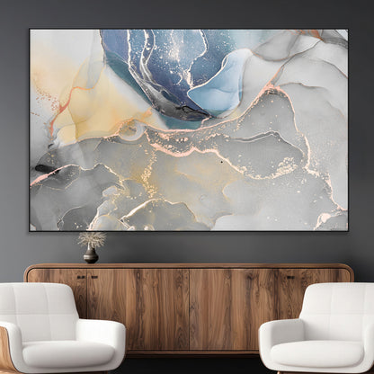 18176-MGV-CV-36X24-Abstract Fluid Wall Art – Modern Marble Ink Canvas Print with Blue, Gold, and Gray Tones, Contemporary Minimal Artwork Decor for