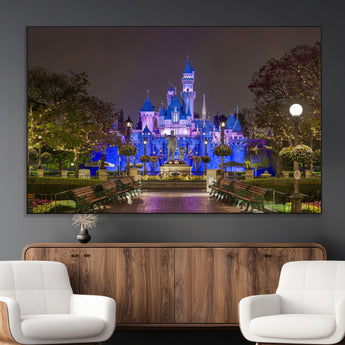 63560-SEG-FC-51X34_Oversize_Oversize-Fairy Tale Castle Wall Art – Magical Night Scene Canvas Print with Lights and Gardens, Fantasy Architecture Artwork for Living