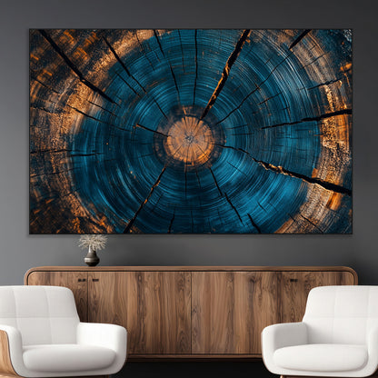 13398-MGV-CV-36X24-Tree Ring Wall Art – Abstract Wood Grain Canvas Print with Blue and Orange Accents, Rustic Nature Inspired Artwork for Living