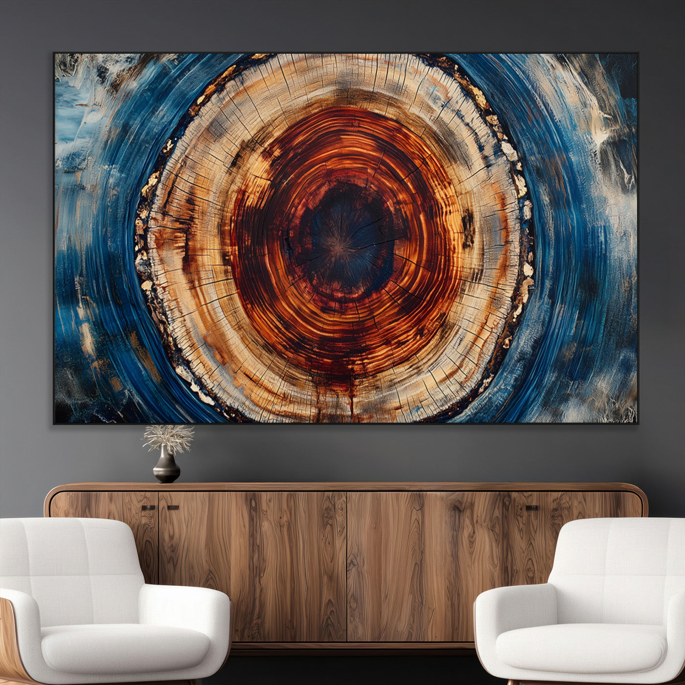 90395-MGV-CV-36X24-Tree Ring Wall Art – Abstract Wood Grain Canvas Print with Fiery Red and Blue Tones, Bold Rustic Nature Inspired Artwork Decor for
