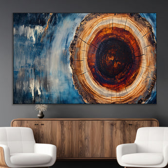 48045-MGV-CV-36X24-Tree Ring Abstract Wall Art – Rustic Wood Grain Canvas Print with Brown Center and Blue Brush Strokes, Nature Inspired Artwork for