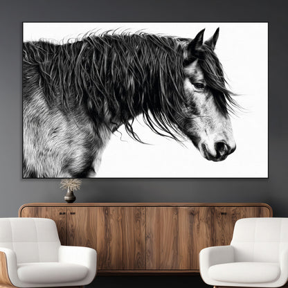 57694-MGV-CV-36X24-Horse Portrait Wall Art – Black and White Canvas Print with Detailed Stallion Profile, Rustic Farmhouse Equestrian Artwork for