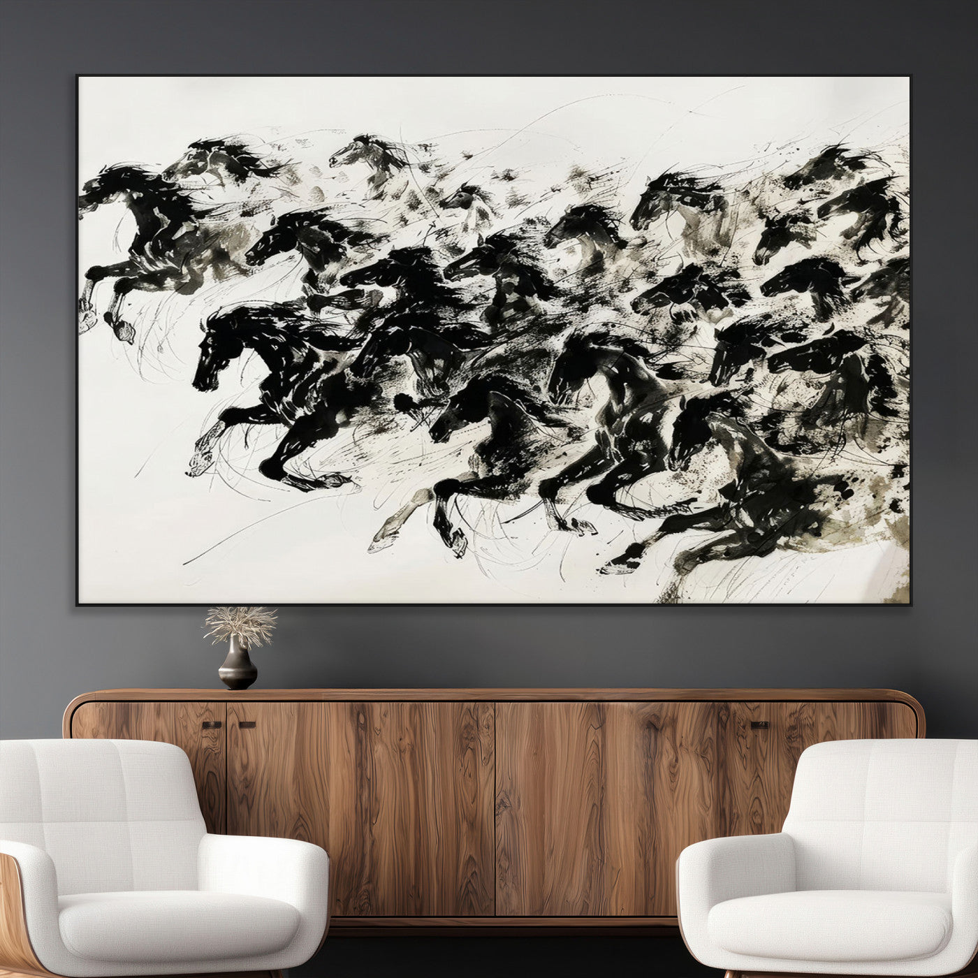 23069-MGV-CV-36X24-Galloping Horses Wall Art – Black Ink Painting on Canvas, Dynamic Equestrian Artwork with Running Stallions, Expressive Modern