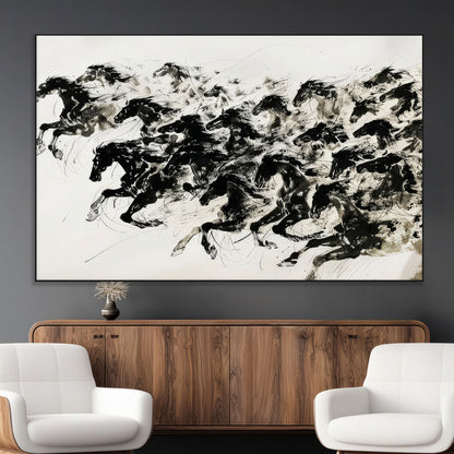 23069-MGV-CV-36X24-Galloping Horses Wall Art – Black Ink Painting on Canvas, Dynamic Equestrian Artwork with Running Stallions, Expressive Modern